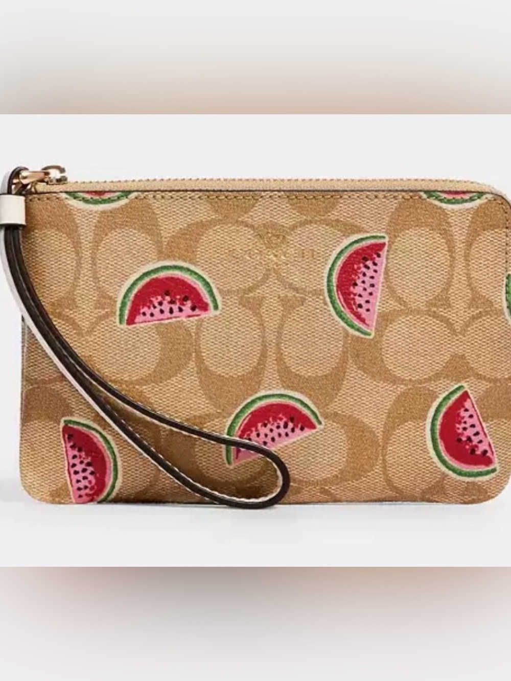 NWT Coach Tan Signature Canvas Wristlet with Watermelon Motif
